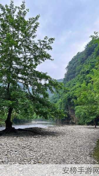 两峰夹小溪地湿又无泥诗：溪谷清幽，山峰环抱